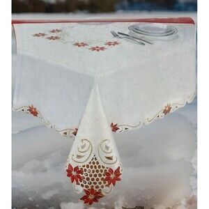 Lintex Poinsettia Scroll Collection Christmas Fabric Tablecloth 70” Round NOS
